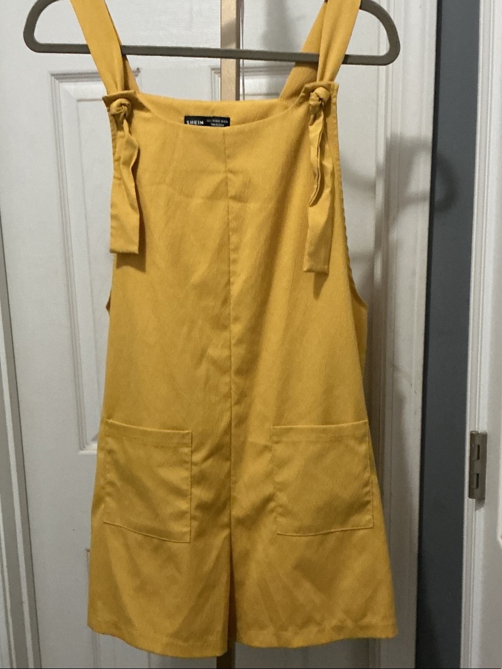 SHEIN Yellow Tie-Shoulder Romper with Front Pockets